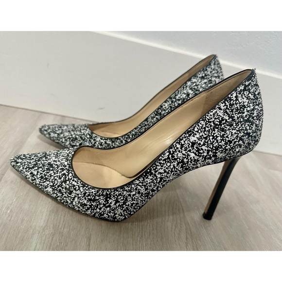Jimmy Choo Shoes - Jimmy Choo Monochrome Coarse Glitter Fabric Romy Pointed Toe Pumps Size 36